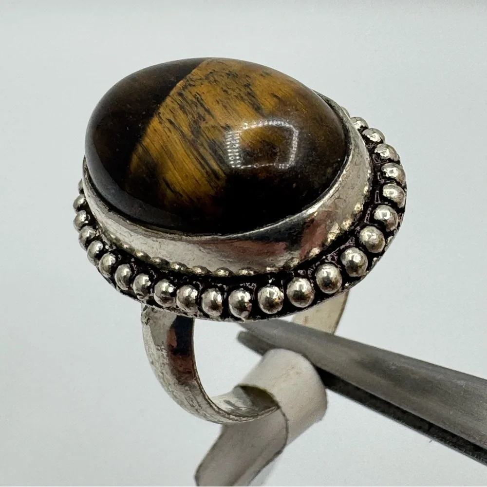 New Tiger’s Eye Cabochon Silver Tone Statement Ring Size 6